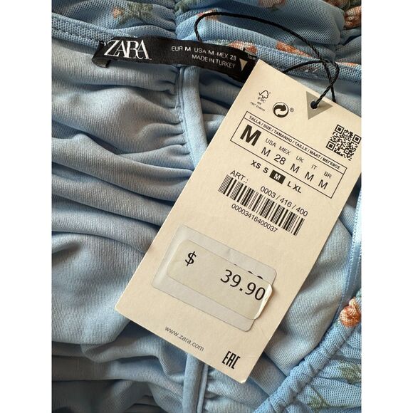 ZARA Blue Floral Rose Print Ruched Tulle Crop Top Ruffle Sleeve V-Neck Sz M NWT - Picture 4 of 4